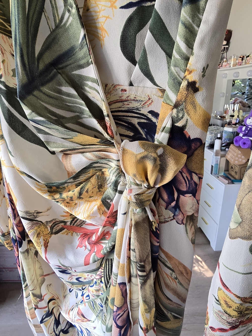 Luxxel Floral Wrap Dress in Cream with Green & Yellow Botanical Print - Picture 9 of 10